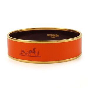 Hermes Bangle Emile GM Metal Cloisonne Orange Carved Gold Hardware Bracelet